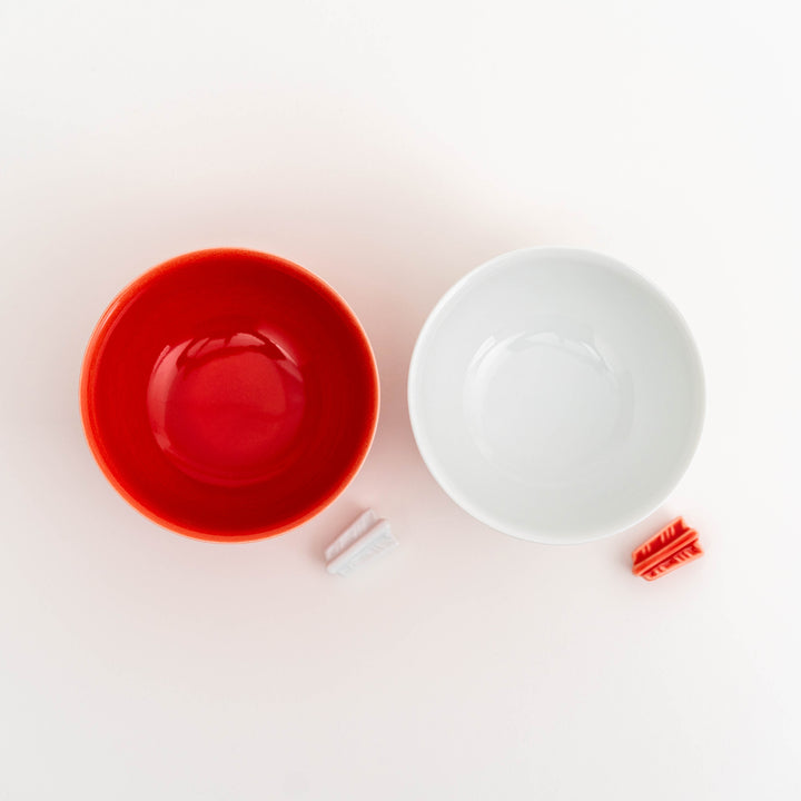 Miyama Porcelain Rice Bowl Gift Set Mino Ware - Red and White Glaze - Great Zakka