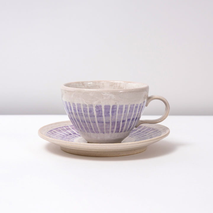 Handmade Mino Ware Coffee Cup and Saucer Gift Set with Light Purple Vertical Stripes