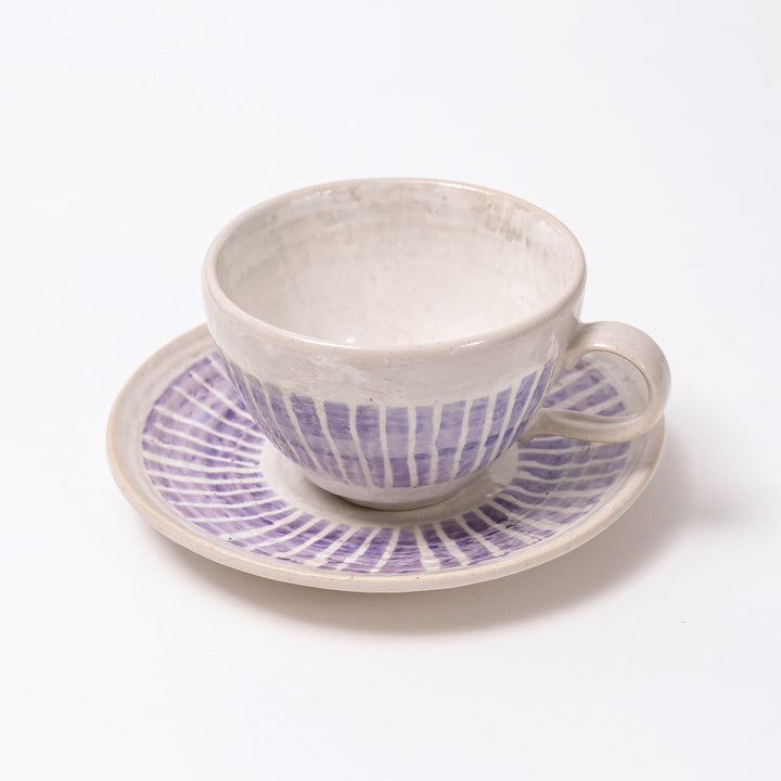 Handmade Mino Ware Coffee Cup and Saucer Gift Set with Light Purple Vertical Stripes