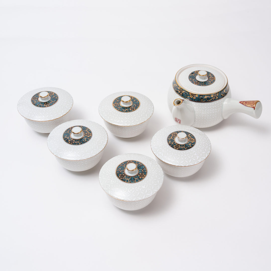 Kutani Yaki Handmade Teapot and Tea Cups Gift Set with Shirochibu Design and Gold Trim - 6-Piece Set