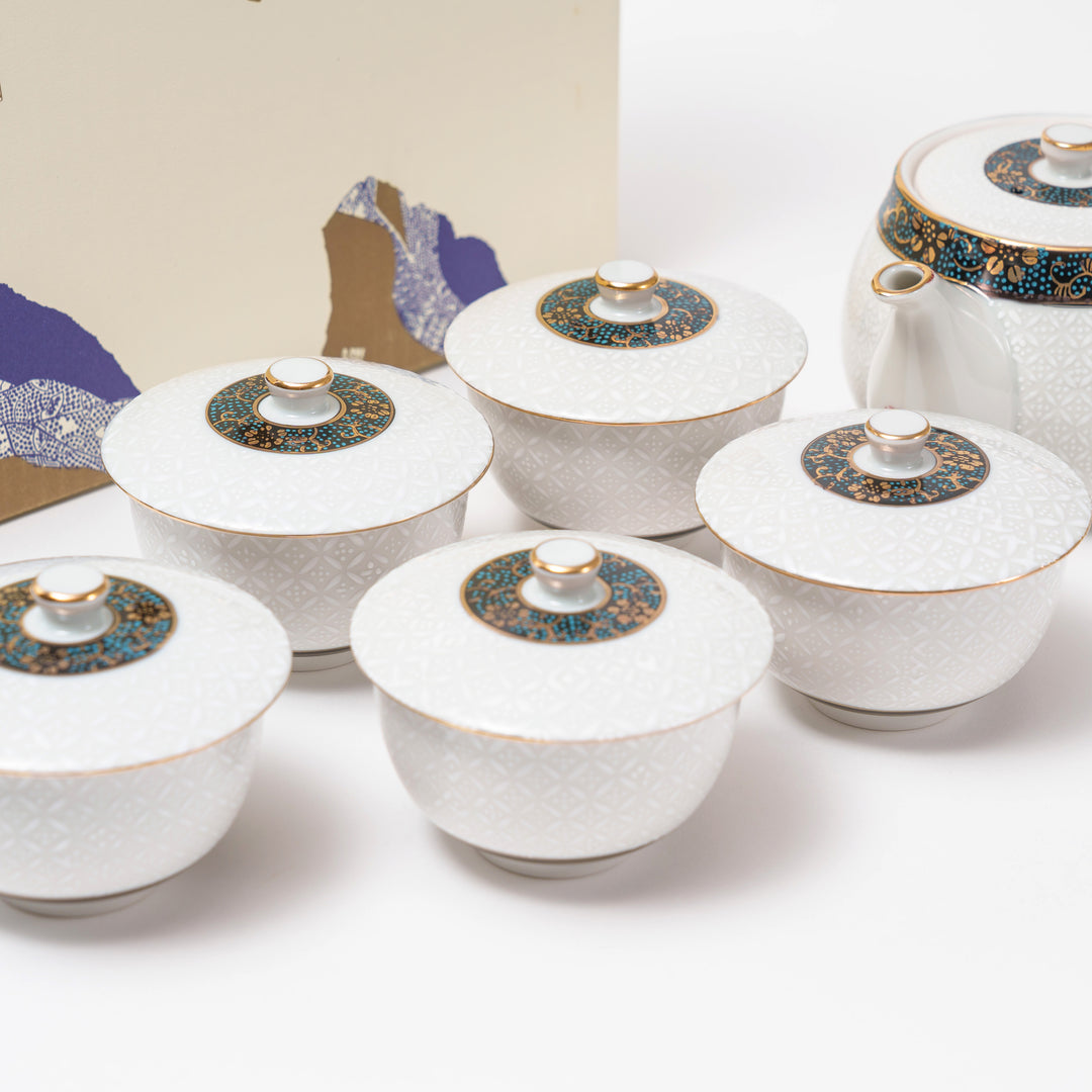 Kutani Yaki Handmade Teapot and Tea Cups Gift Set with Shirochibu Design and Gold Trim - 6-Piece Set