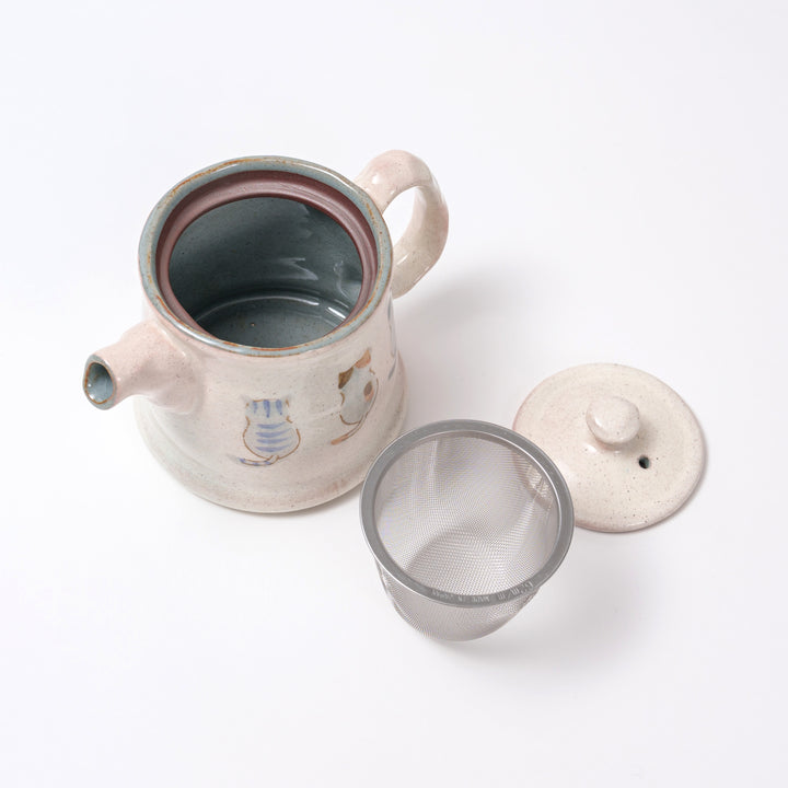 Handmade Seto-yaki Tea Pot with Hand-painted Cat Design, Japanese Pottery