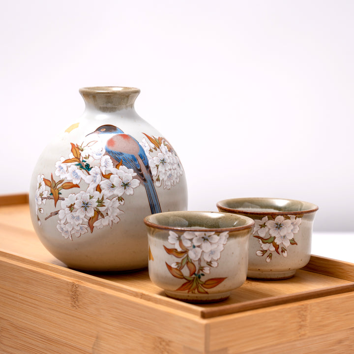 Hand-painted Kutani Ware Sake Set with Gold Foil, Cherry Blossoms Bird in Gift Box - 1 Sake Bottle and 2 Sake Cups Included