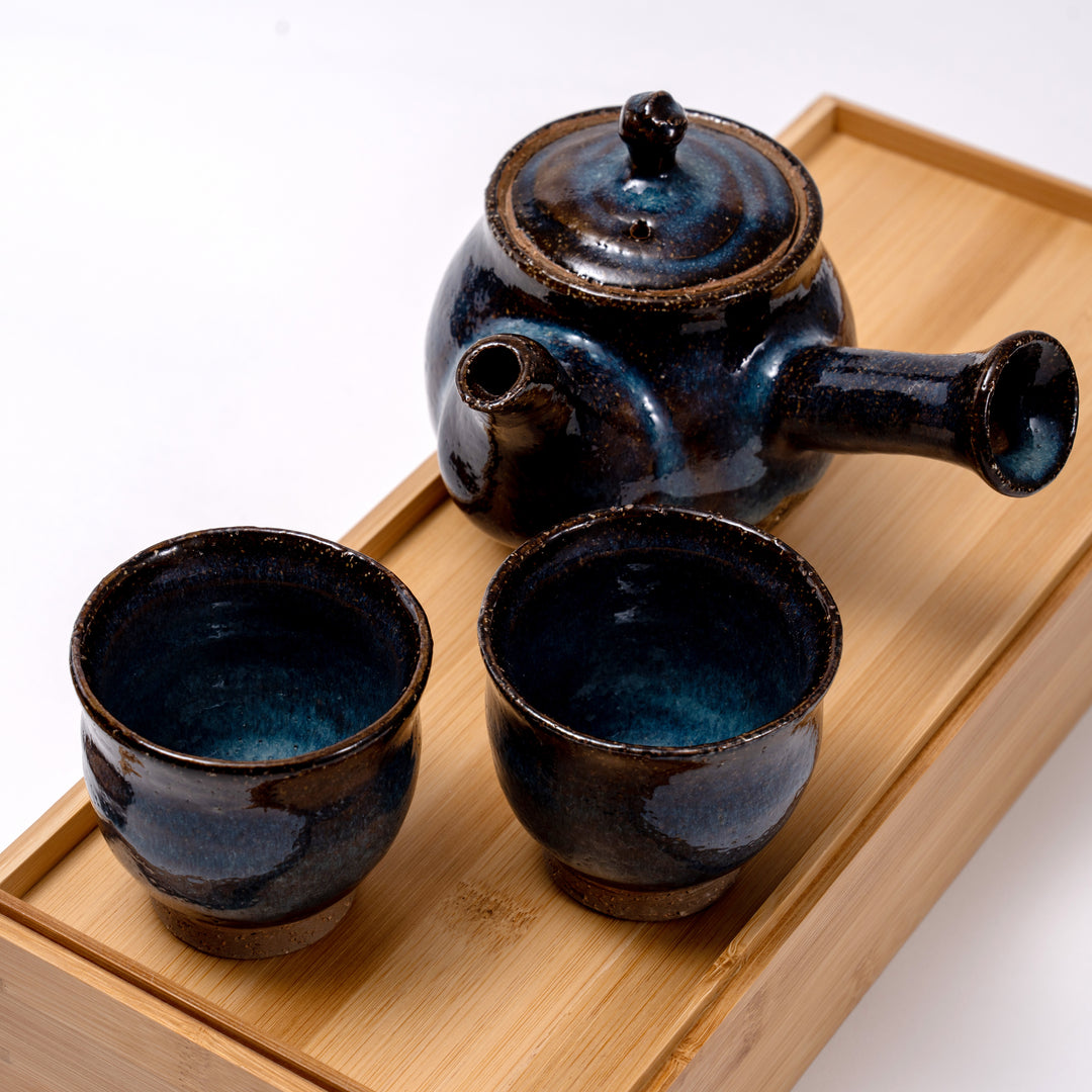 Handmade Hagi Ware Dual-Toned Brown and Blue Glazed Japanese Tea Pot/Kyusu and Tea Cups Set of 3Pcs with Wooden Gift Box