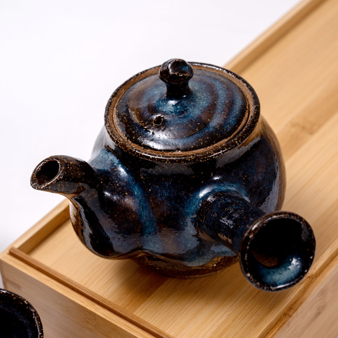 Handmade Hagi Ware Dual-Toned Brown and Blue Glazed Japanese Tea Pot/Kyusu and Tea Cups Set of 3Pcs with Wooden Gift Box