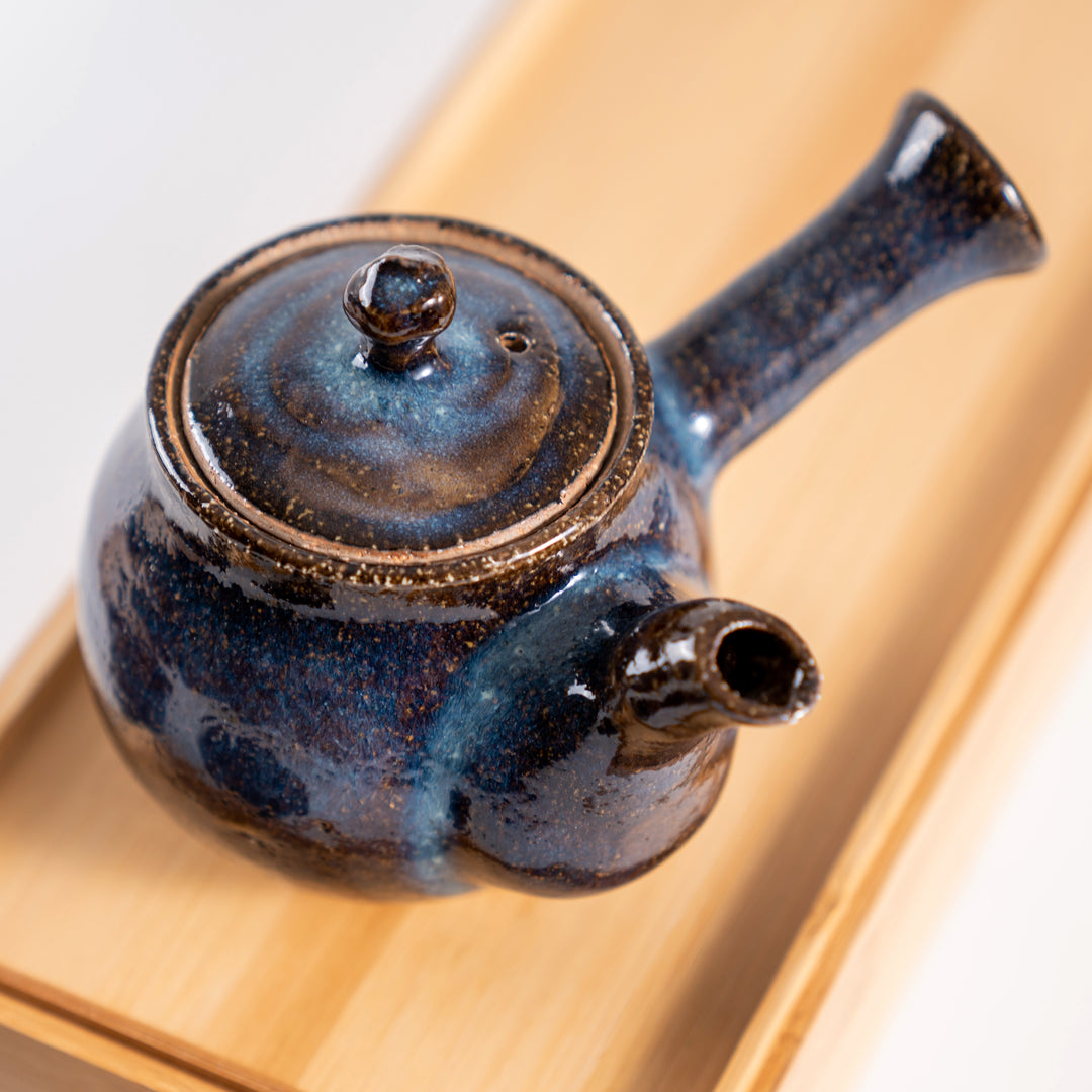 Handmade Hagi Ware Dual-Toned Brown and Blue Glazed Japanese Tea Pot/Kyusu and Tea Cups Set of 3Pcs with Wooden Gift Box