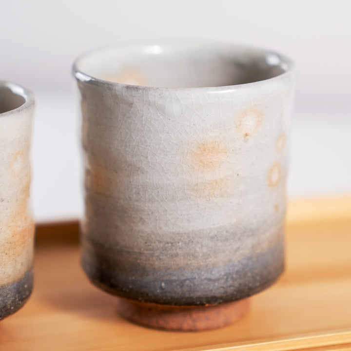 Set of 2 Handmade Hagi Ware Kiln Change Crackle Glaze Japanese Tea Cups/Yunomi by Master Potter in a Gift Set