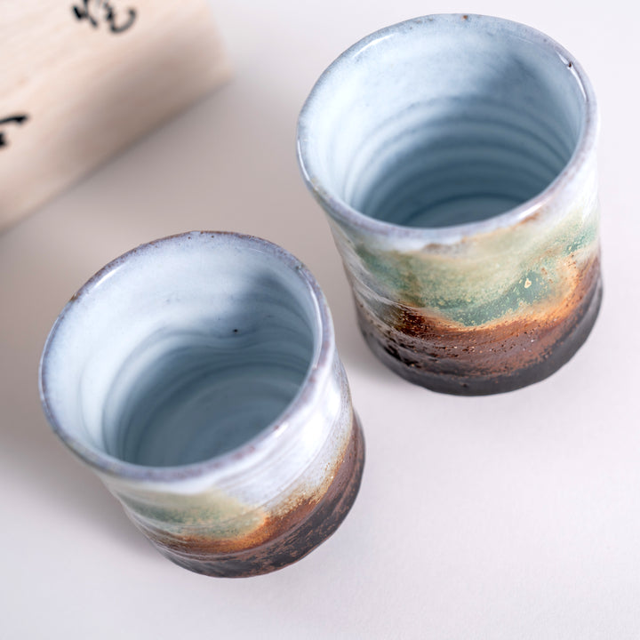 Handcrafted Hagi Ware Tea Cups/Yunomi Set of 2Pcs Presented in a Wooden Gift Box