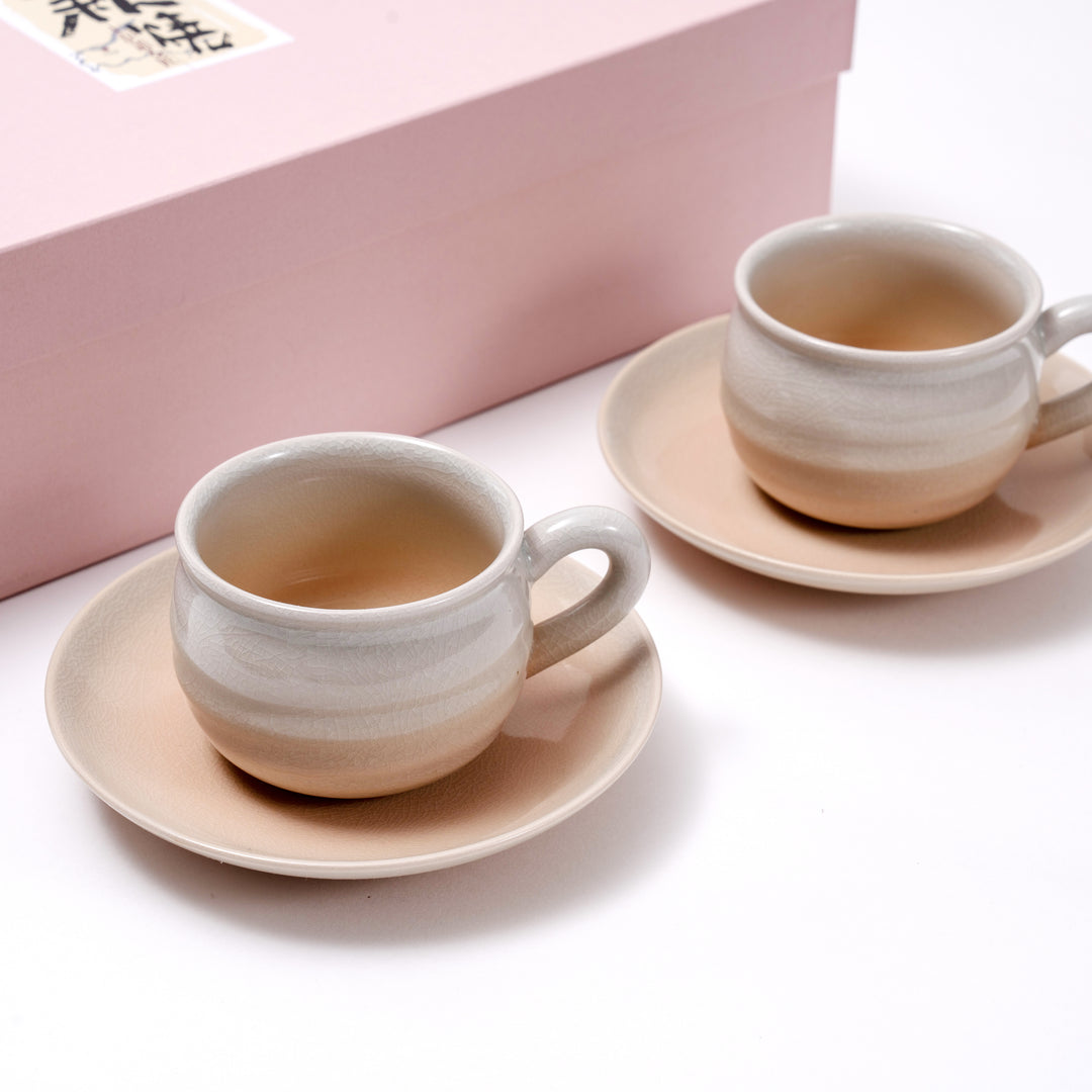 Handmade Hagi Yaki Gradient Pink Dusk Crackle Glaze Coffee Cup and Saucer Gift Set