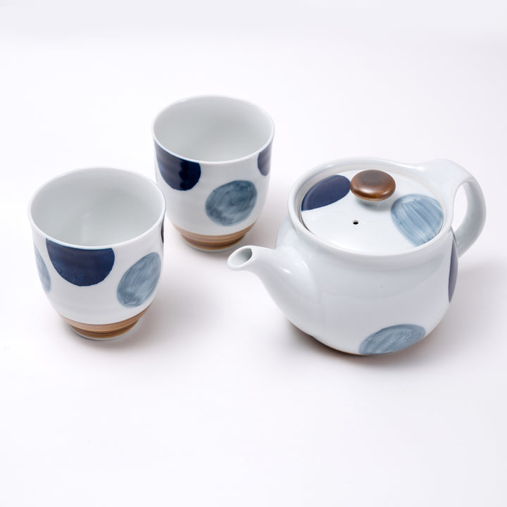 Japanese Handcrafted Hasami Ware Blue Polka Dot White Porcelain Teapot and Tea Cups