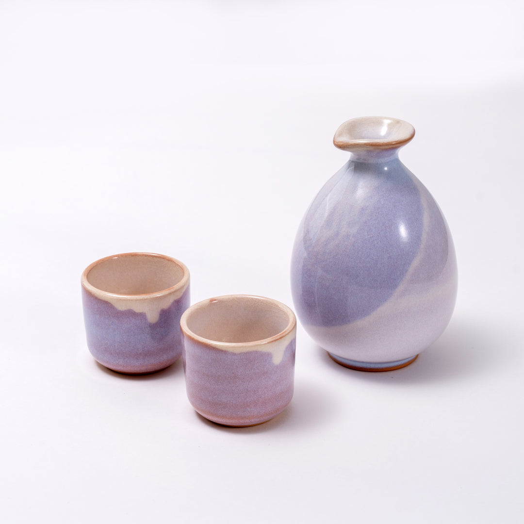 Handmade Hagi Ware Sake Bottle and Cups Set in Light Purple by Japanese Artisan, Presented in a Gift Box