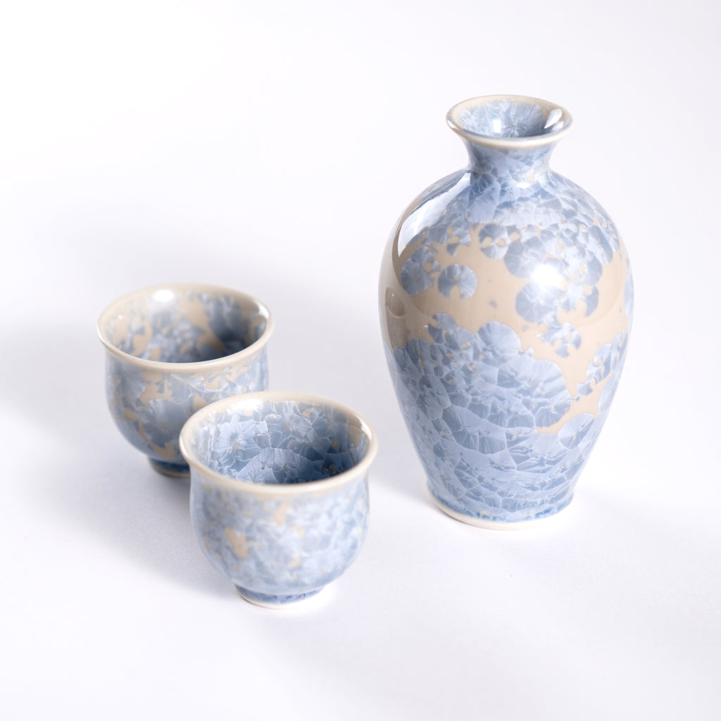 Kiyomizu Yaki Handmade Floral Crystal Sake bottle and Cups Gift