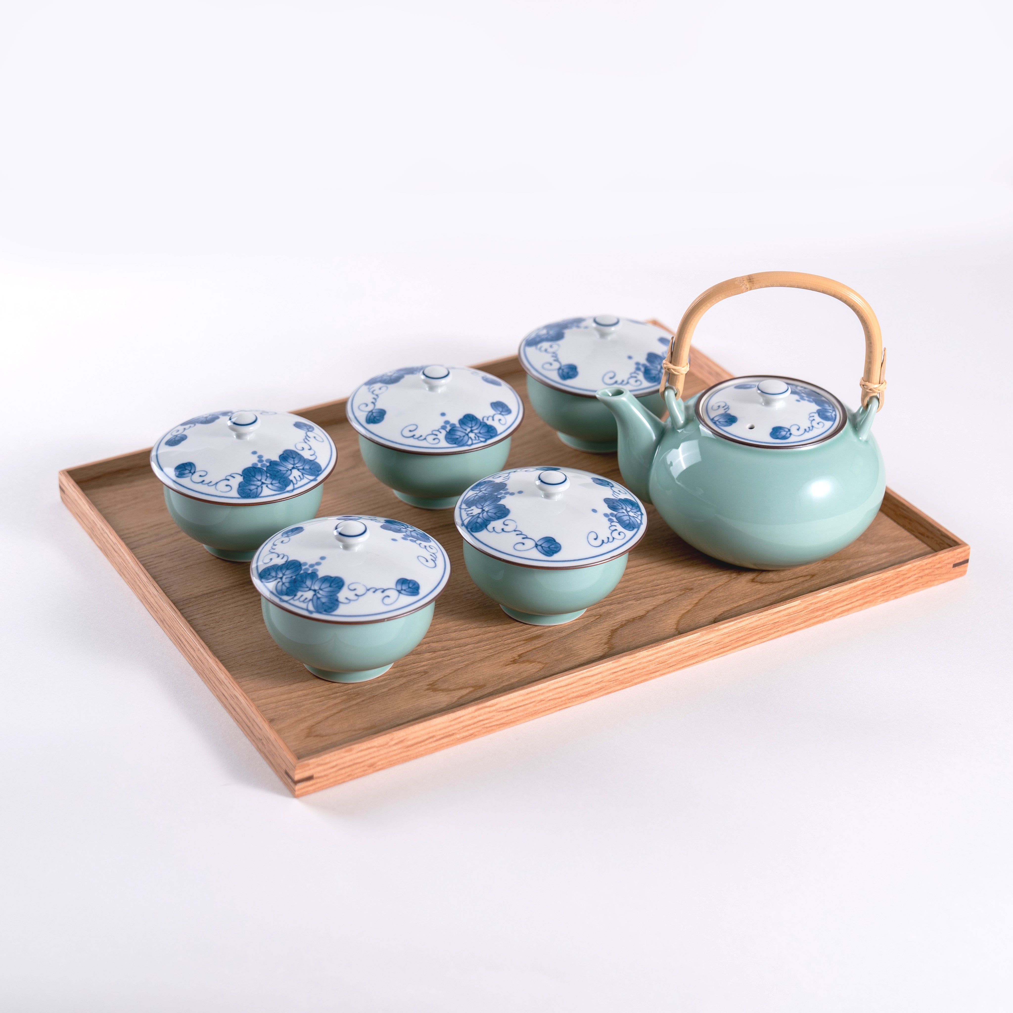 Japanese Handcrafted Hasami Ware: 6Pcs Set of Jade Glazed Teapot with  Strainer, Teacups, and Wooden Gift Box