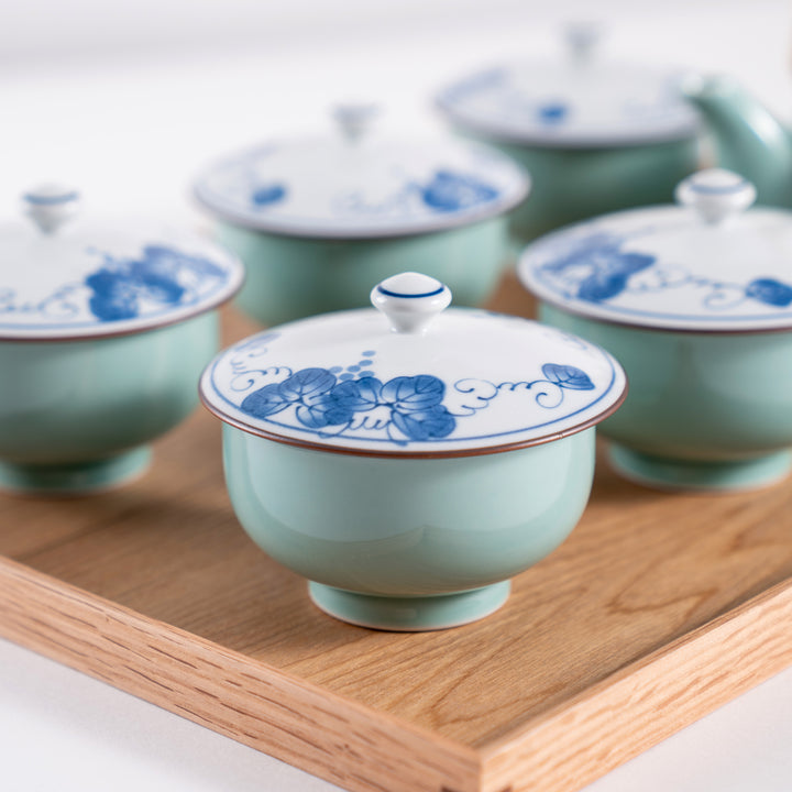 Japanese Handcrafted Hasami Ware: 6Pcs Set of Jade Glazed Teapot with Strainer, Teacups, and Wooden Gift Box