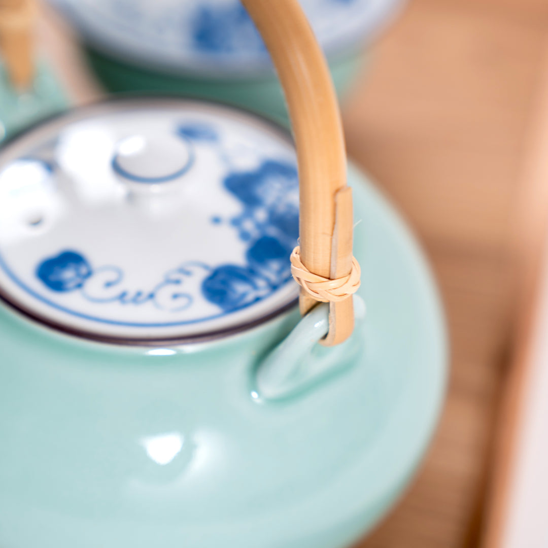 Japanese Handcrafted Hasami Ware: 6Pcs Set of Jade Glazed Teapot with Strainer, Teacups, and Wooden Gift Box