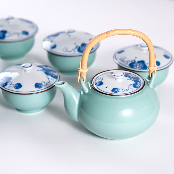 Japanese Handcrafted Hasami Ware: 6Pcs Set of Jade Glazed Teapot with Strainer, Teacups, and Wooden Gift Box