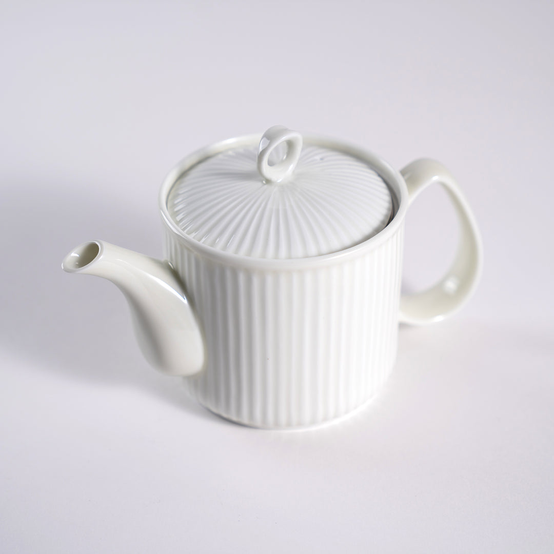 Handcrafted Lightweight Hasami Ware White Porcelain Tea Pot with Vertical Stripes