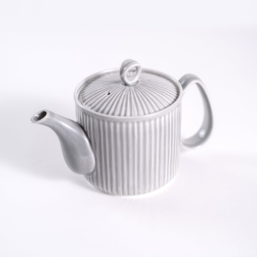 Handcrafted Lightweight Hasami Ware White Porcelain Tea Pot with Vertical Stripes