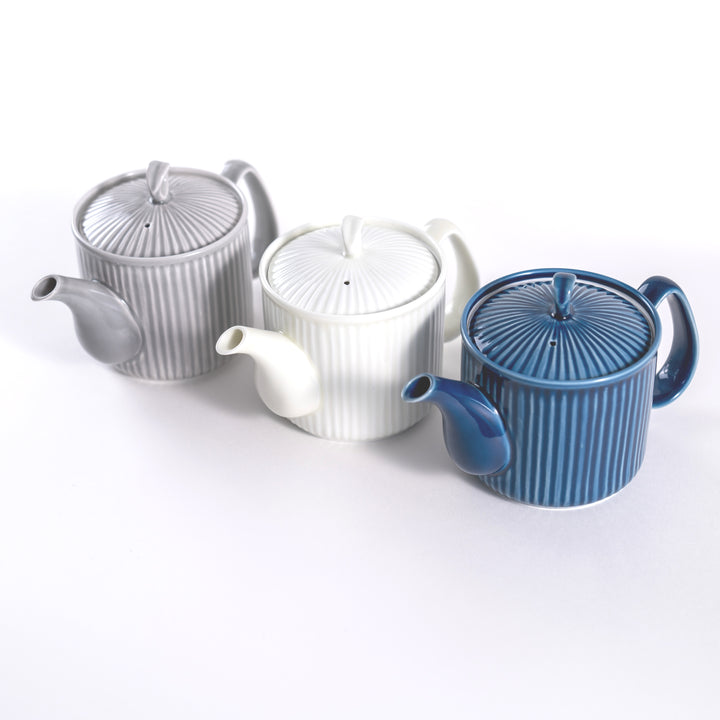 Handcrafted Lightweight Hasami Ware White Porcelain Tea Pot with Vertical Stripes