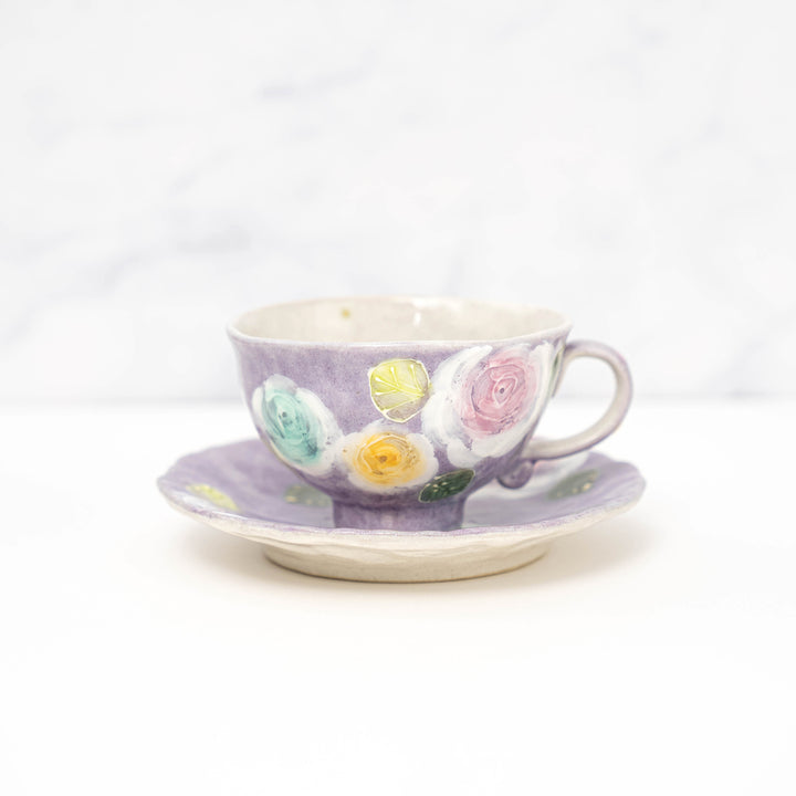 handmade purple rose coffee cup and saucer made in japan seto ware