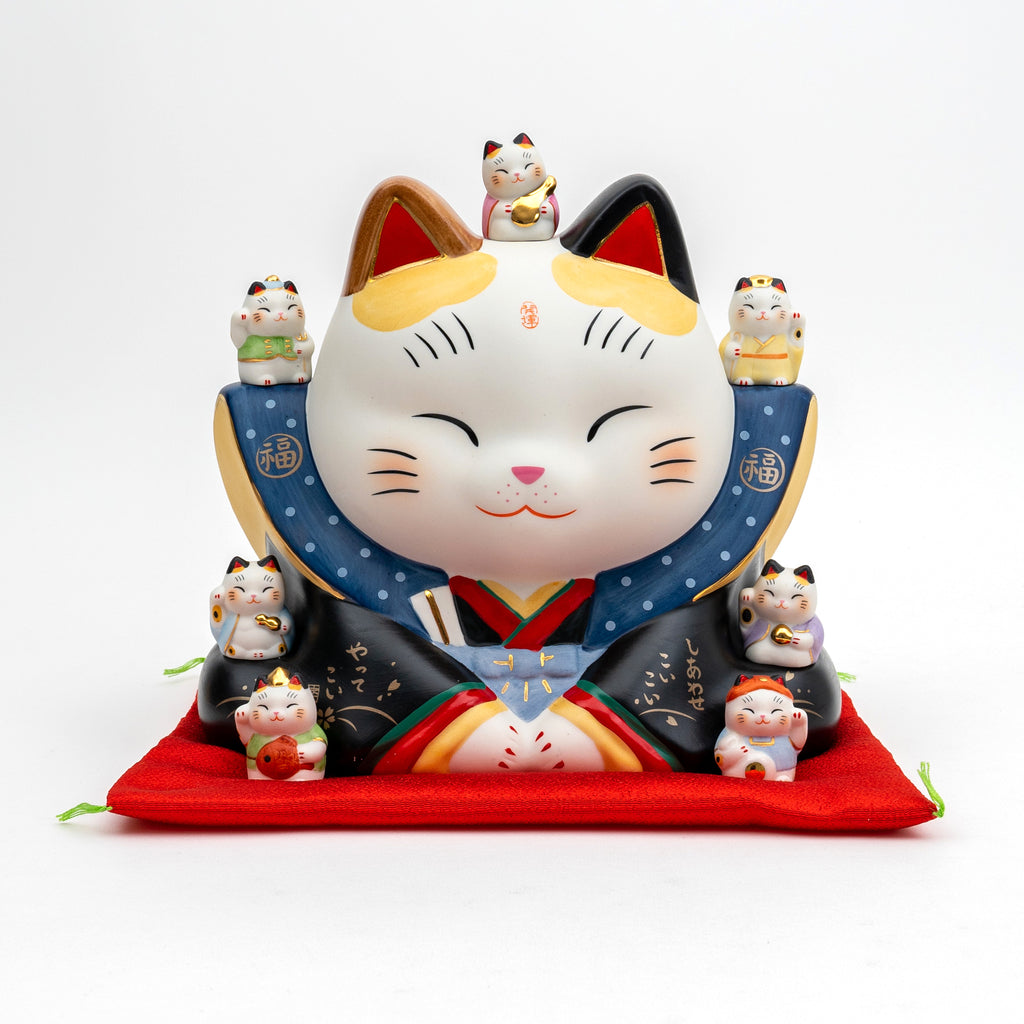 Hand Painted Japanese Yakushi Kiln Seven Lucky God Lucky Cat
